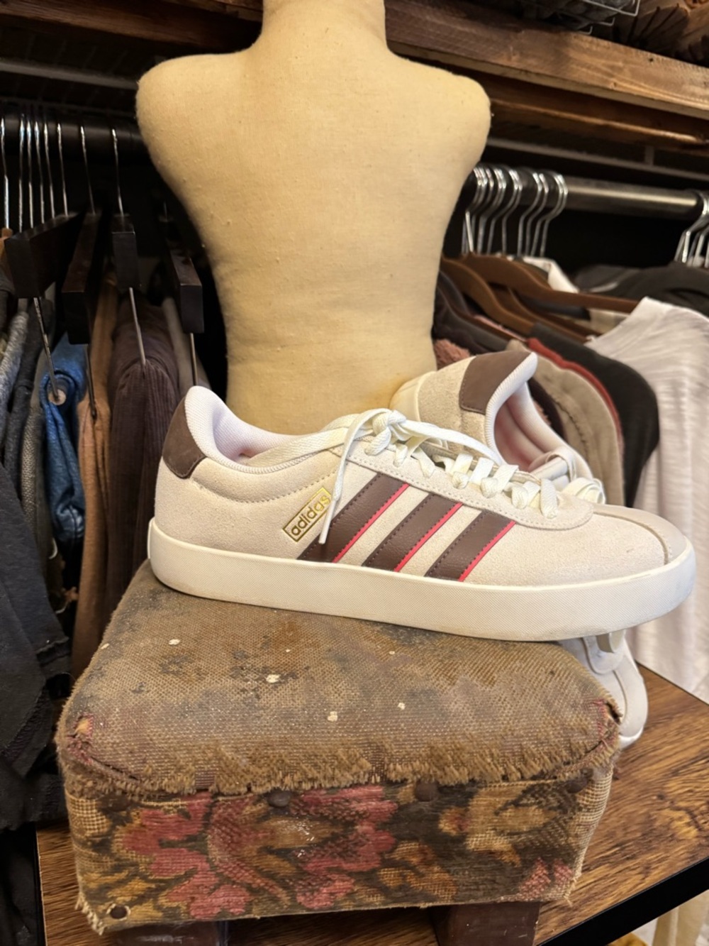 adidas Cream Canvas Sneakers with Brown & Pink Stripes